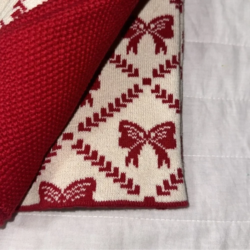 cupcakes & cashmere 3 Tea Towels Ivory Tan Red Christmas Bow Tie Cotton Knit